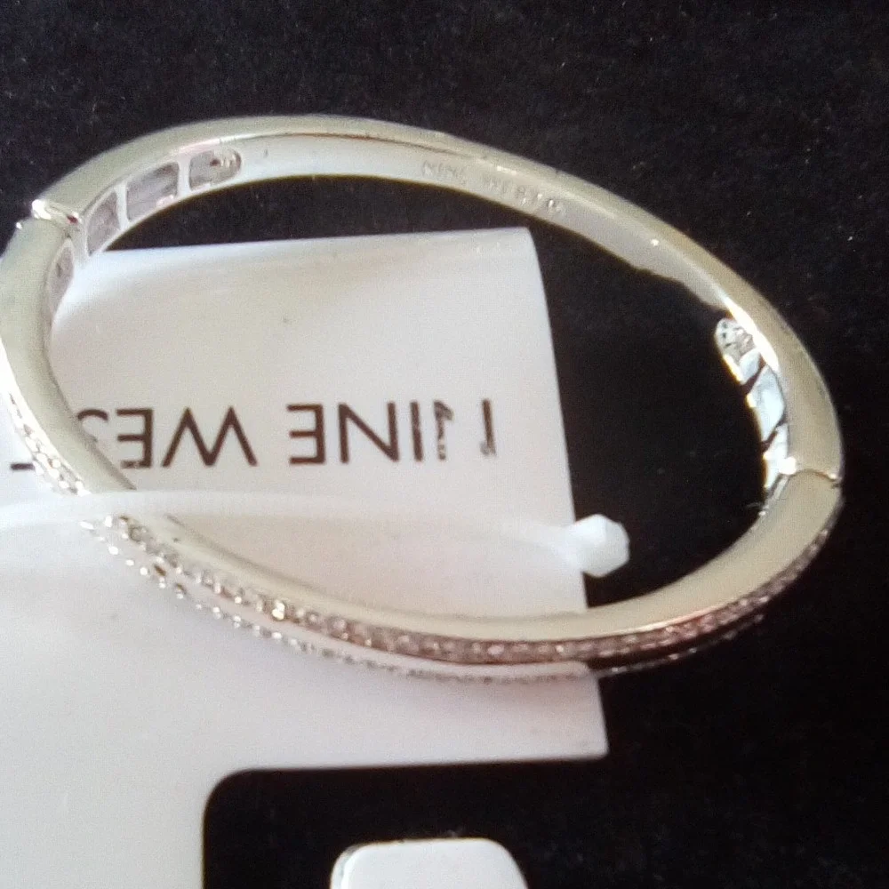 Nine West Silver Tone Crystal Bangle Bracelet Set 3 Piece Stackable Cuff Hinged